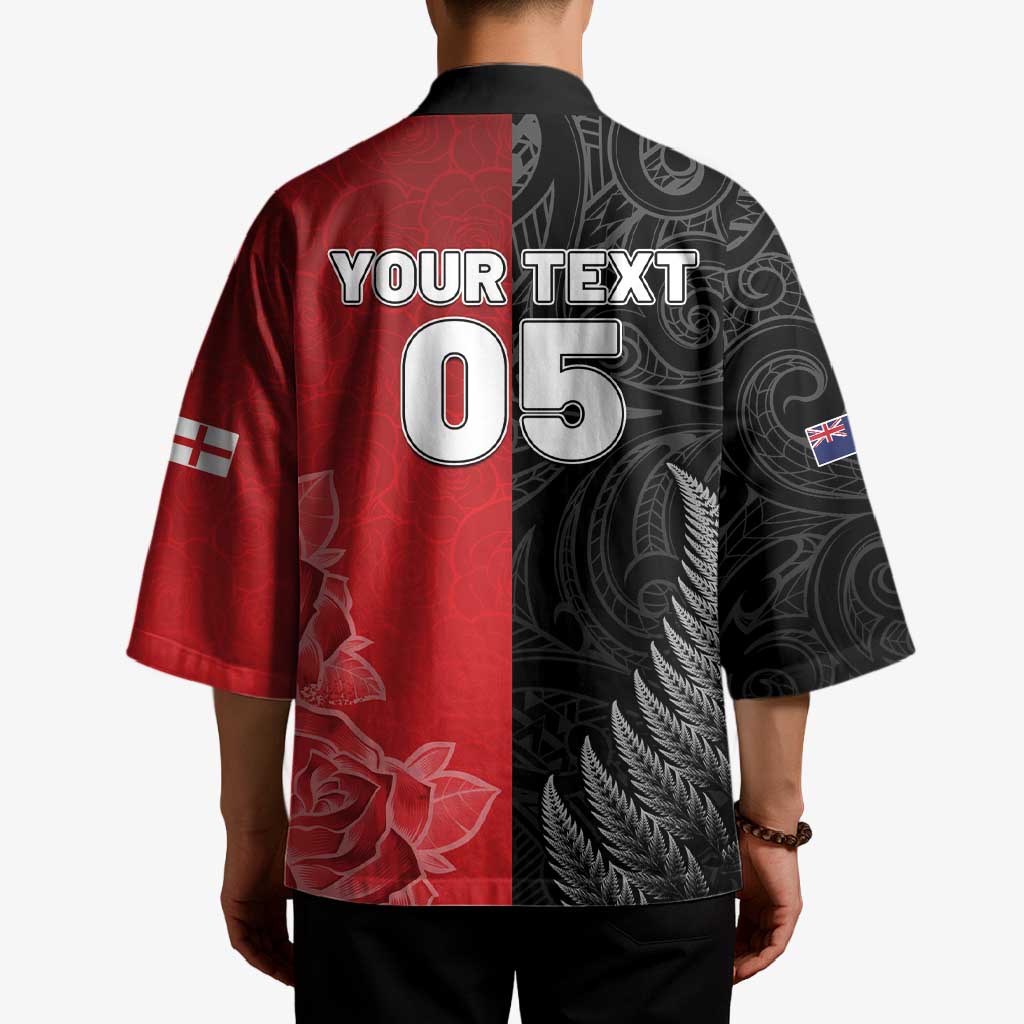 New Zealand And England Rugby Custom Kimono Red Rose Mix Maori Pattern LT05 - Polynesian Pride