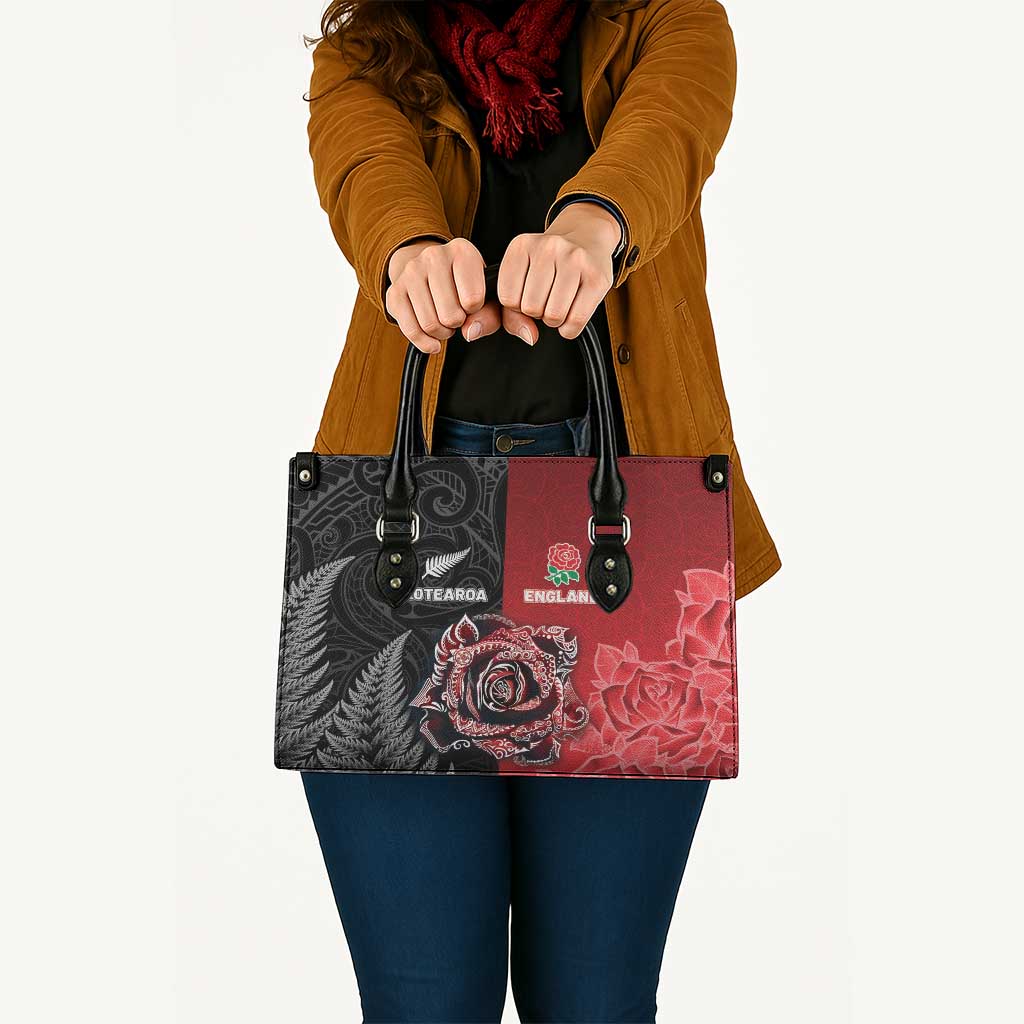 New Zealand And England Rugby Leather Bag Red Rose Mix Maori Pattern - Polynesian Pride