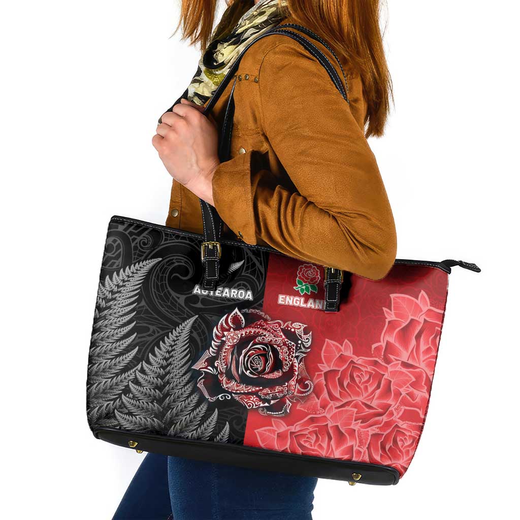 New Zealand And England Rugby Leather Tote Bag Red Rose Mix Maori Pattern - Polynesian Pride