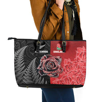 New Zealand And England Rugby Leather Tote Bag Red Rose Mix Maori Pattern - Polynesian Pride