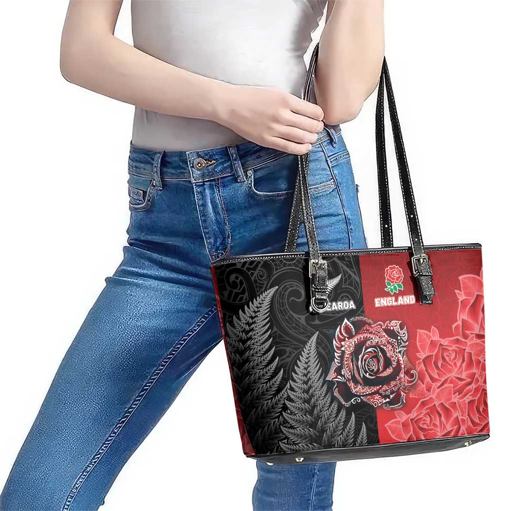 New Zealand And England Rugby Leather Tote Bag Red Rose Mix Maori Pattern - Polynesian Pride