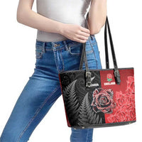 New Zealand And England Rugby Leather Tote Bag Red Rose Mix Maori Pattern - Polynesian Pride