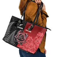 New Zealand And England Rugby Leather Tote Bag Red Rose Mix Maori Pattern - Polynesian Pride