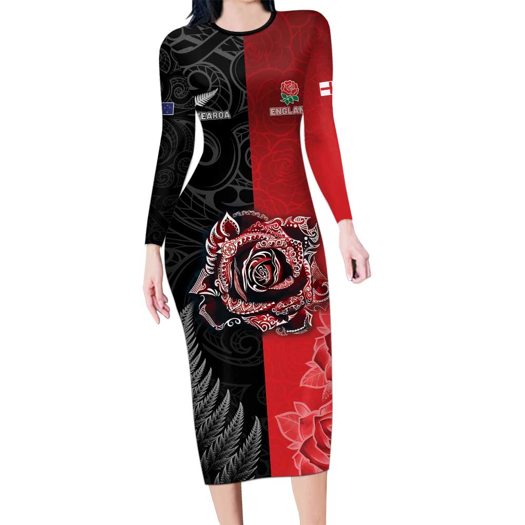 New Zealand And England Rugby Custom Long Sleeve Bodycon Dress Red Rose Mix Maori Pattern - Polynesian Pride