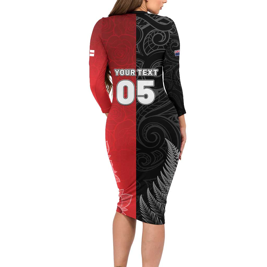 New Zealand And England Rugby Custom Long Sleeve Bodycon Dress Red Rose Mix Maori Pattern - Polynesian Pride