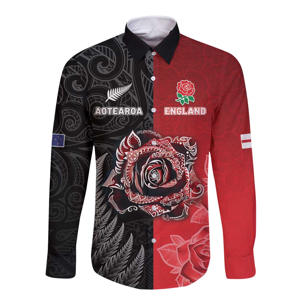 New Zealand And England Rugby Custom Long Sleeve Button Shirt Red Rose Mix Maori Pattern LT05 Unisex Black - Polynesian Pride