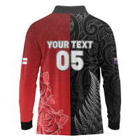 New Zealand And England Rugby Custom Long Sleeve Polo Shirt Red Rose Mix Maori Pattern - Polynesian Pride