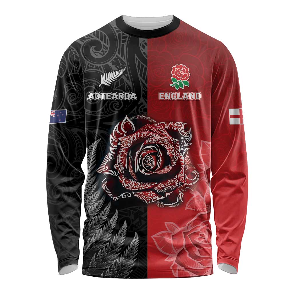 New Zealand And England Rugby Custom Long Sleeve Shirt Red Rose Mix Maori Pattern LT05 Unisex Black - Polynesian Pride