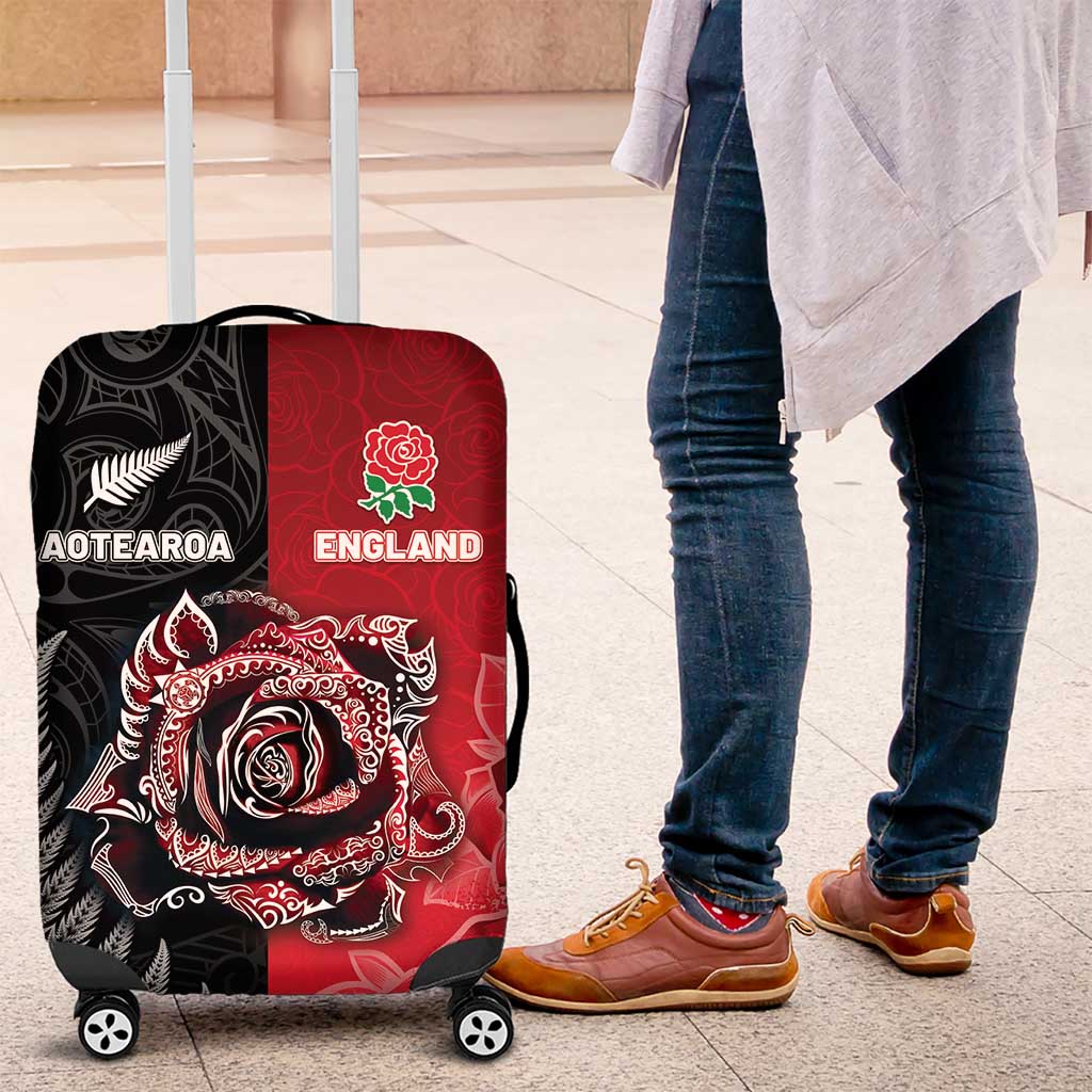 New Zealand And England Rugby Luggage Cover Red Rose Mix Maori Pattern LT05 Black - Polynesian Pride