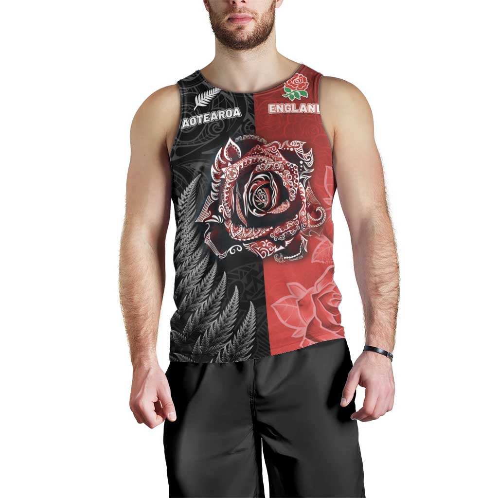 New Zealand And England Rugby Custom Men Tank Top Red Rose Mix Maori Pattern - Polynesian Pride