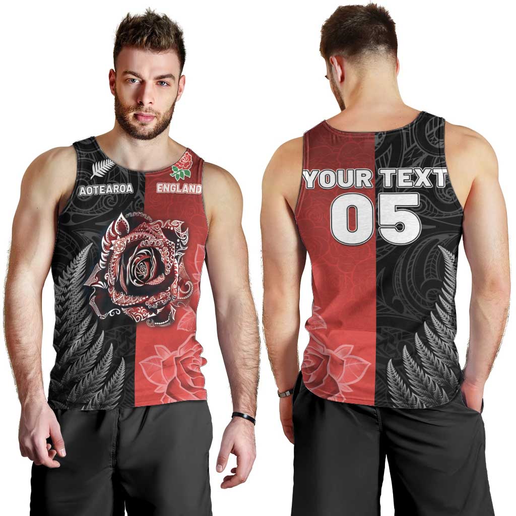 New Zealand And England Rugby Custom Men Tank Top Red Rose Mix Maori Pattern - Polynesian Pride