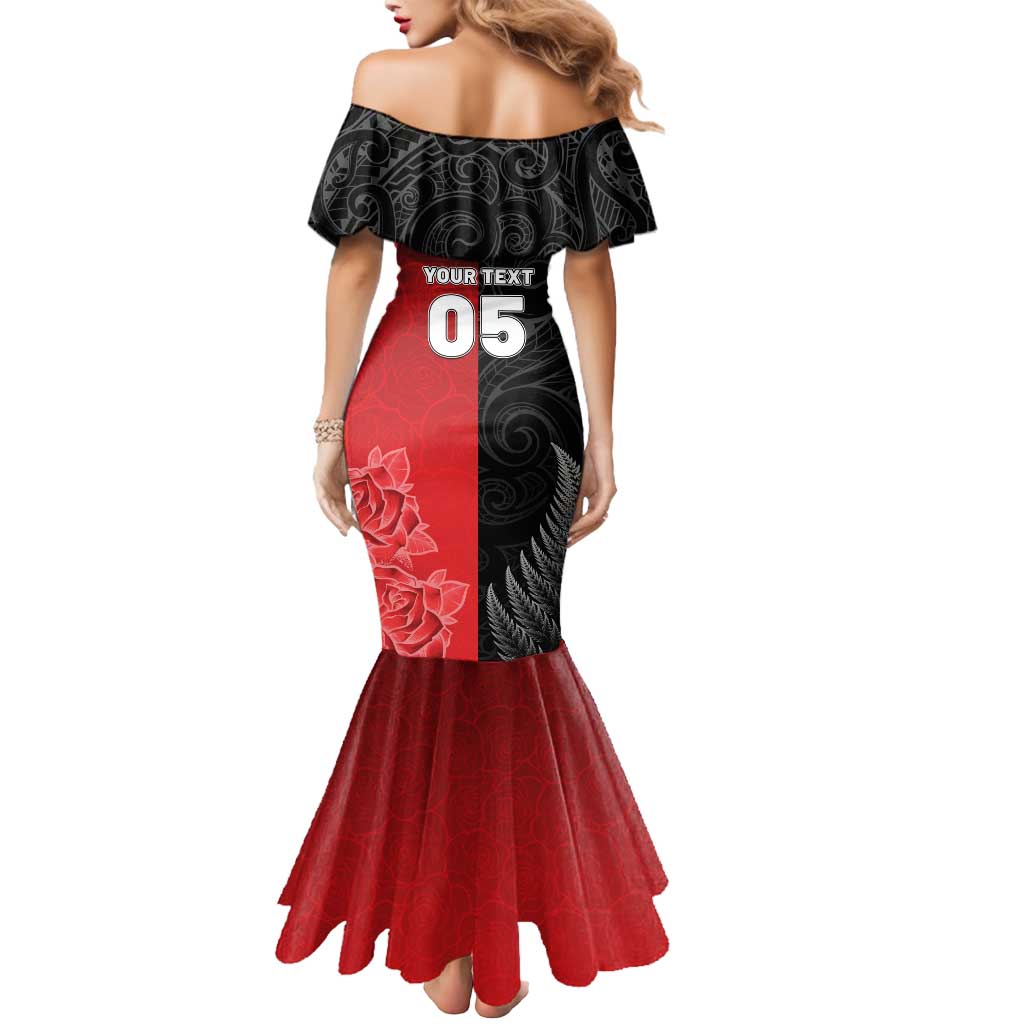 New Zealand And England Rugby Custom Mermaid Dress Red Rose Mix Maori Pattern - Polynesian Pride