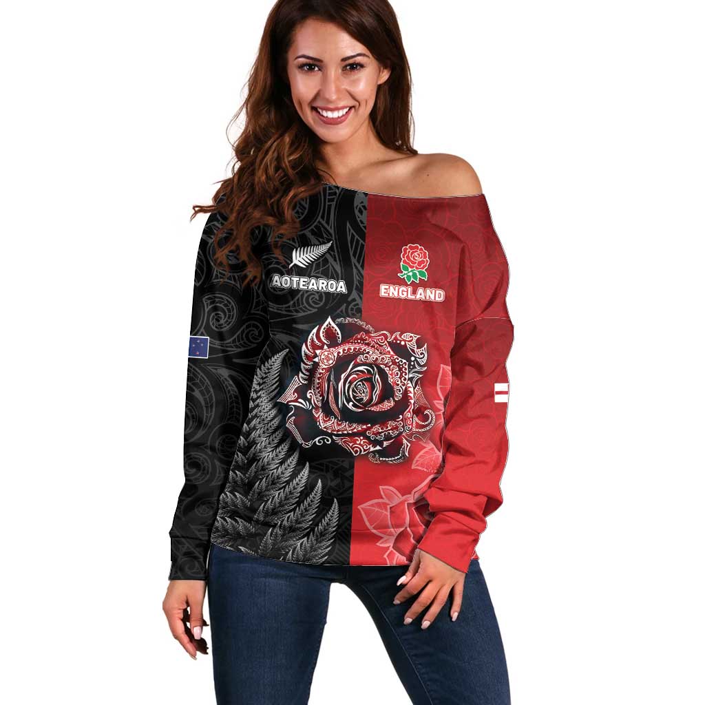 New Zealand And England Rugby Custom Off Shoulder Sweater Red Rose Mix Maori Pattern LT05 Women Black - Polynesian Pride