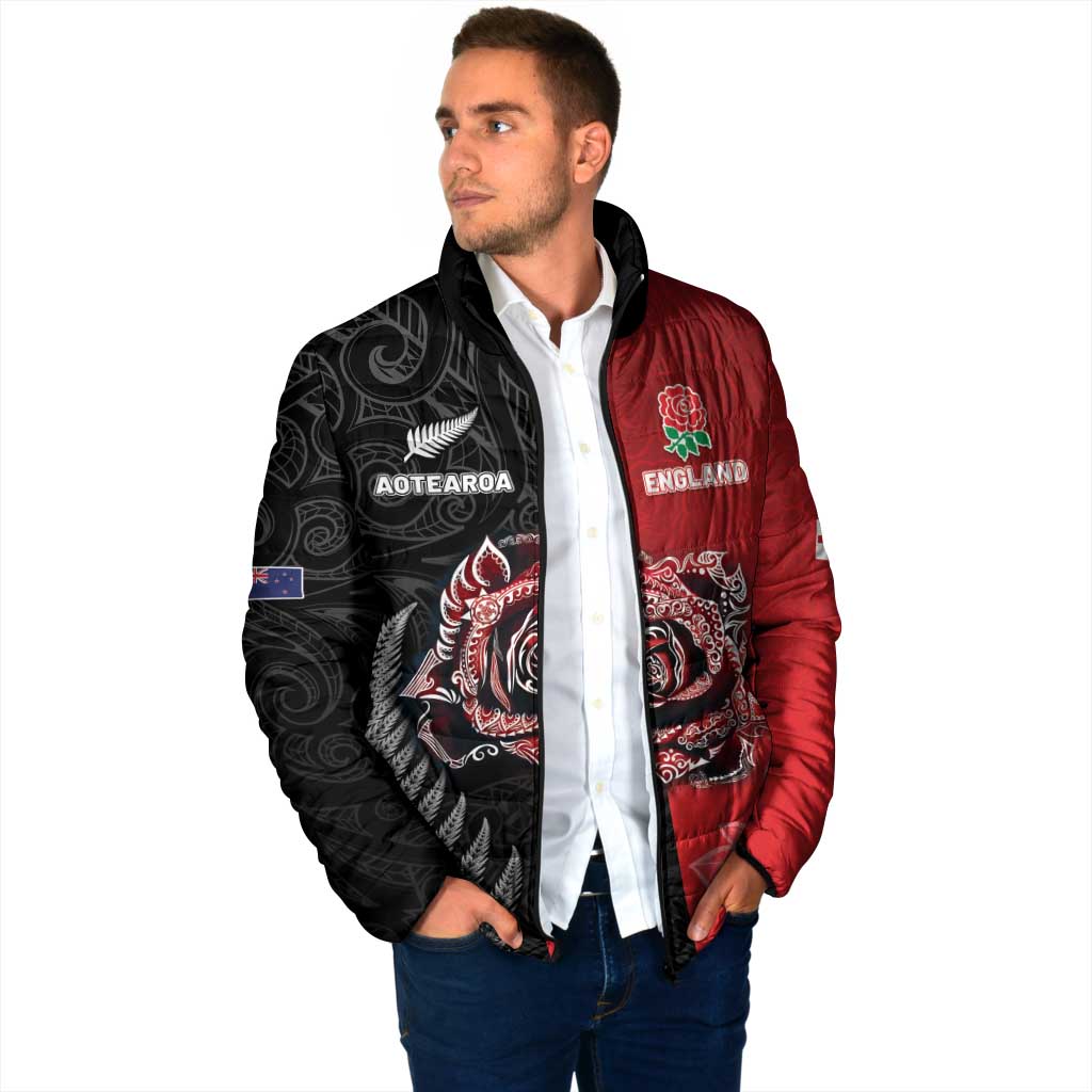 New Zealand And England Rugby Custom Padded Jacket Red Rose Mix Maori Pattern - Polynesian Pride
