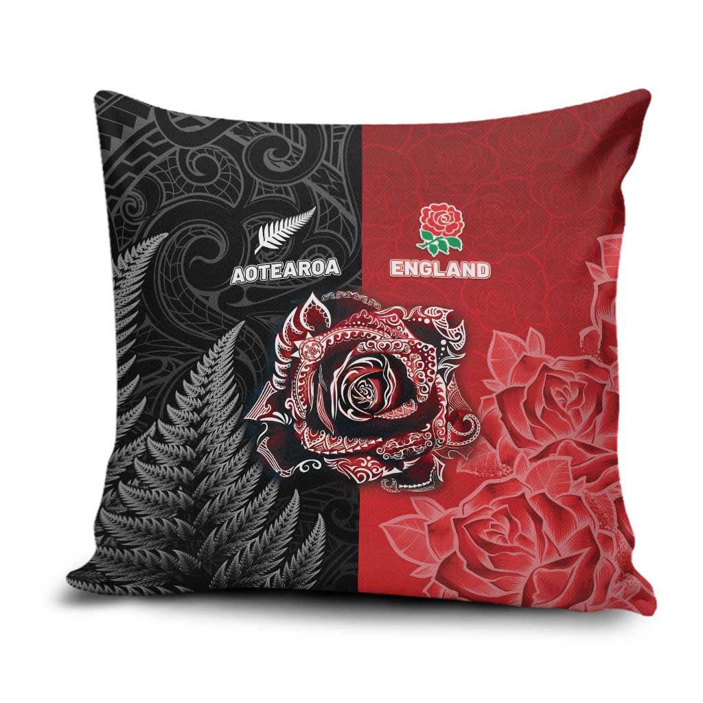 New Zealand And England Rugby Pillow Cover Red Rose Mix Maori Pattern - Polynesian Pride