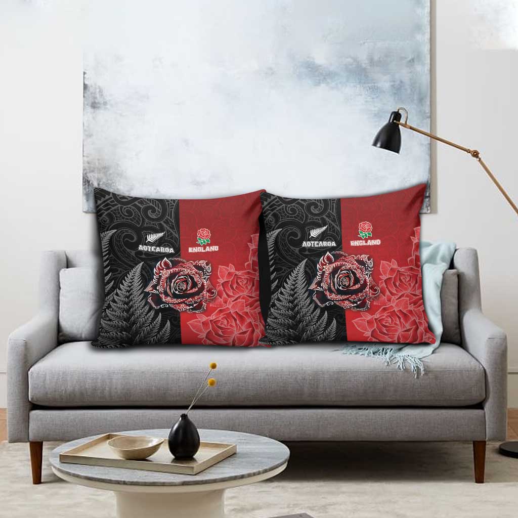 New Zealand And England Rugby Pillow Cover Red Rose Mix Maori Pattern - Polynesian Pride