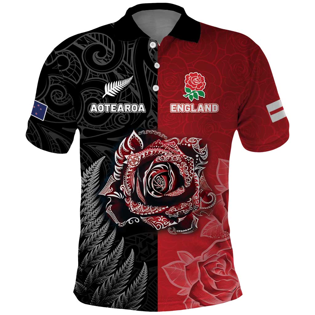 New Zealand And England Rugby Custom Polo Shirt Red Rose Mix Maori Pattern - Polynesian Pride