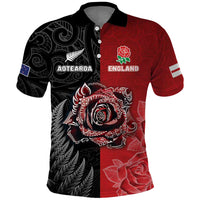 New Zealand And England Rugby Custom Polo Shirt Red Rose Mix Maori Pattern - Polynesian Pride