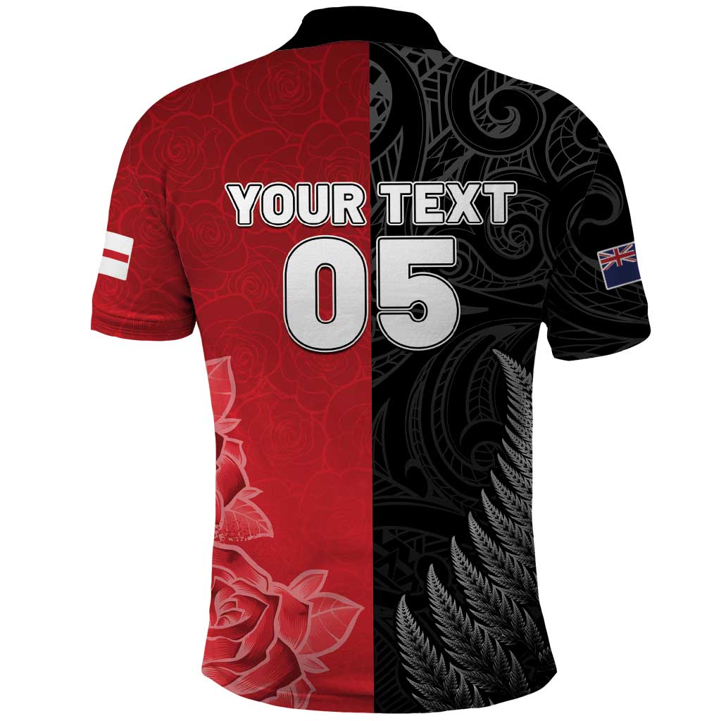 New Zealand And England Rugby Custom Polo Shirt Red Rose Mix Maori Pattern - Polynesian Pride