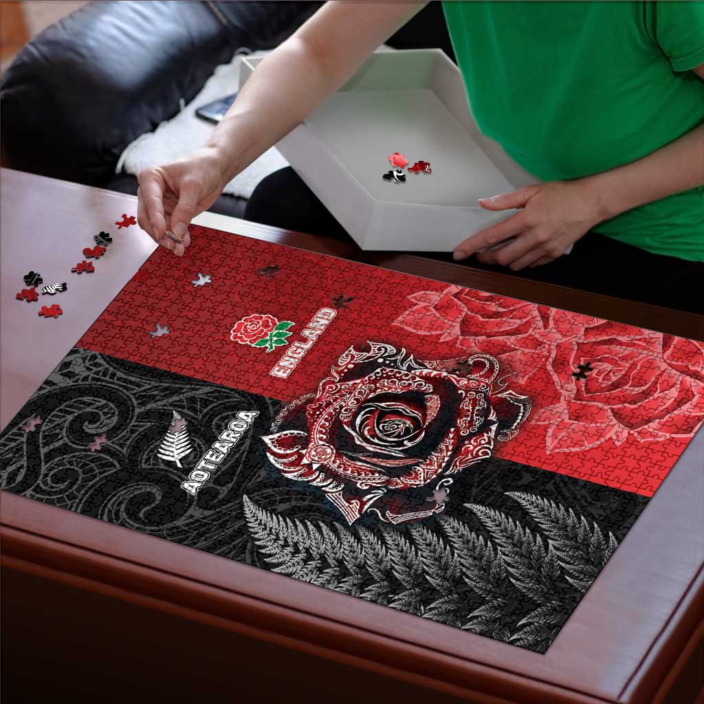 New Zealand And England Rugby Puzzle Red Rose Mix Maori Pattern - Polynesian Pride