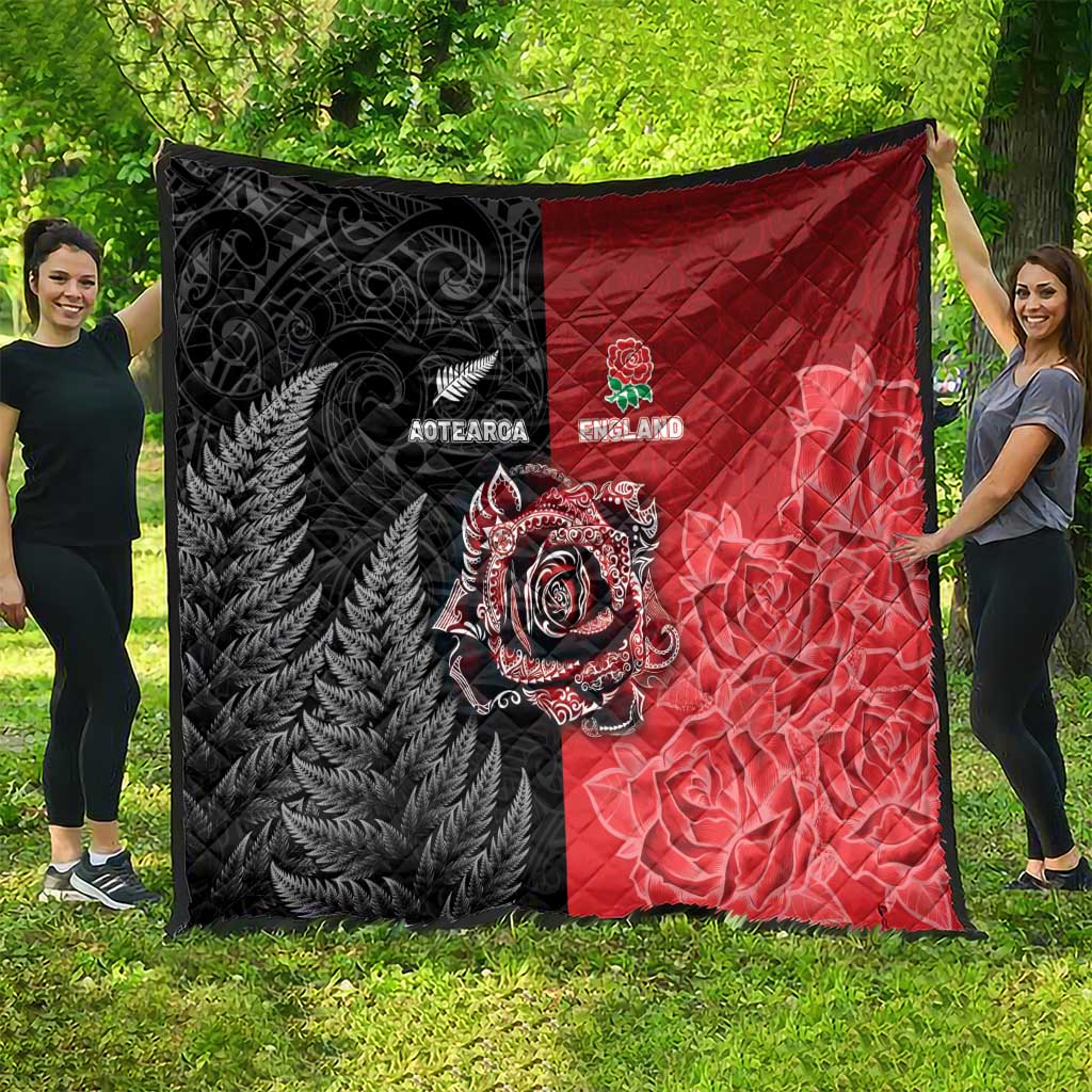 New Zealand And England Rugby Quilt Red Rose Mix Maori Pattern - Polynesian Pride