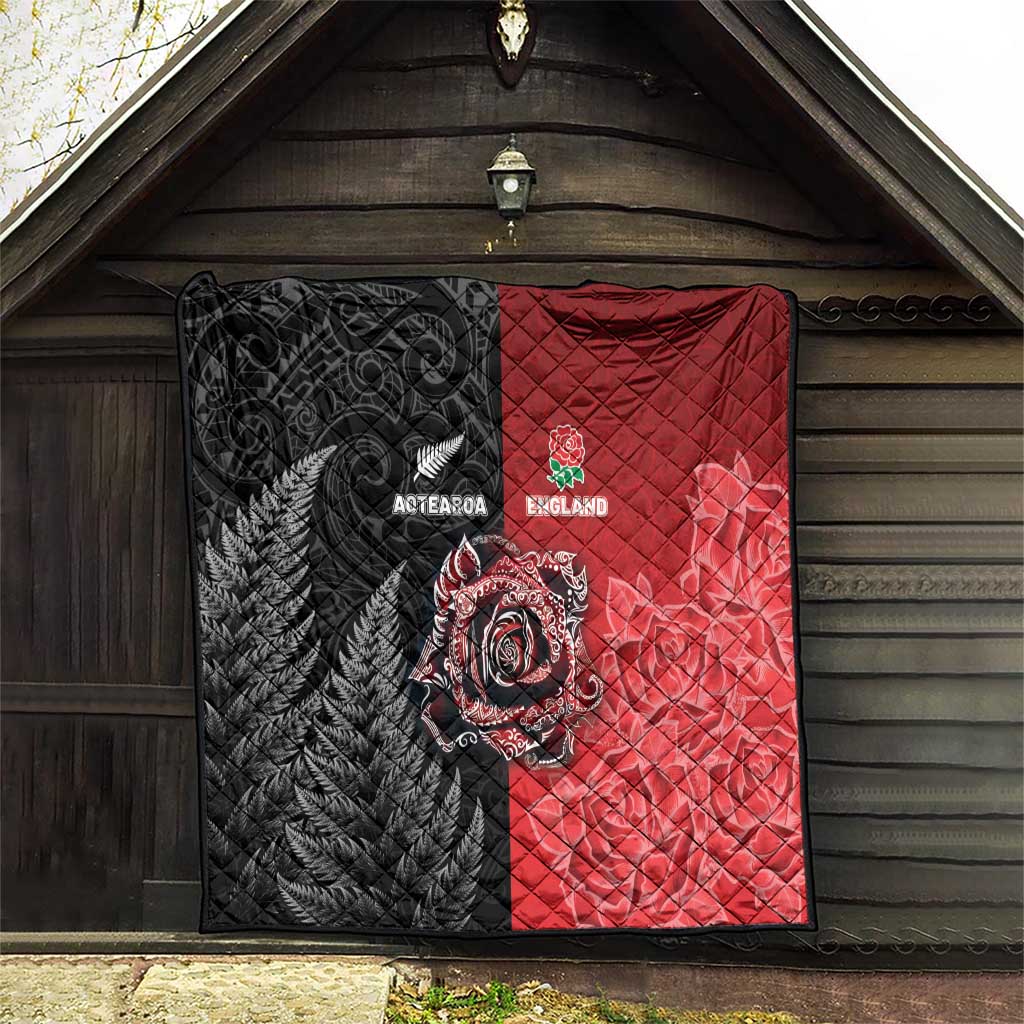 New Zealand And England Rugby Quilt Red Rose Mix Maori Pattern - Polynesian Pride