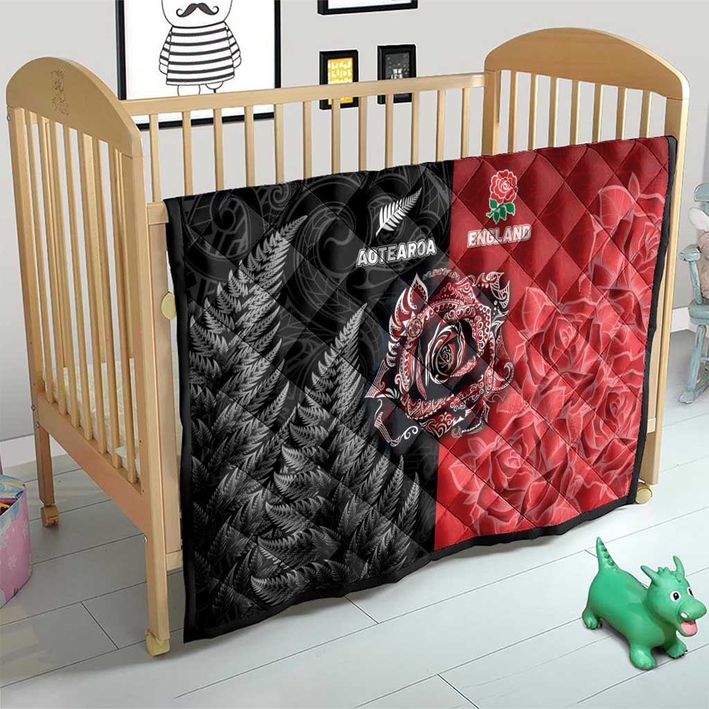 New Zealand And England Rugby Quilt Red Rose Mix Maori Pattern - Polynesian Pride