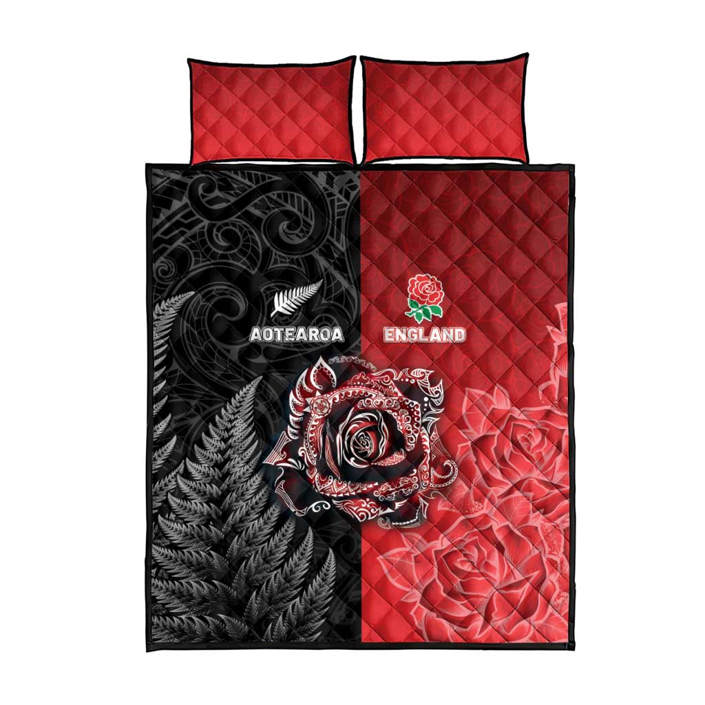 New Zealand And England Rugby Quilt Bed Set Red Rose Mix Maori Pattern - Polynesian Pride