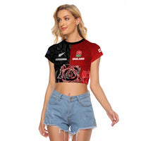 New Zealand And England Rugby Custom Raglan Cropped T Shirt Red Rose Mix Maori Pattern - Polynesian Pride