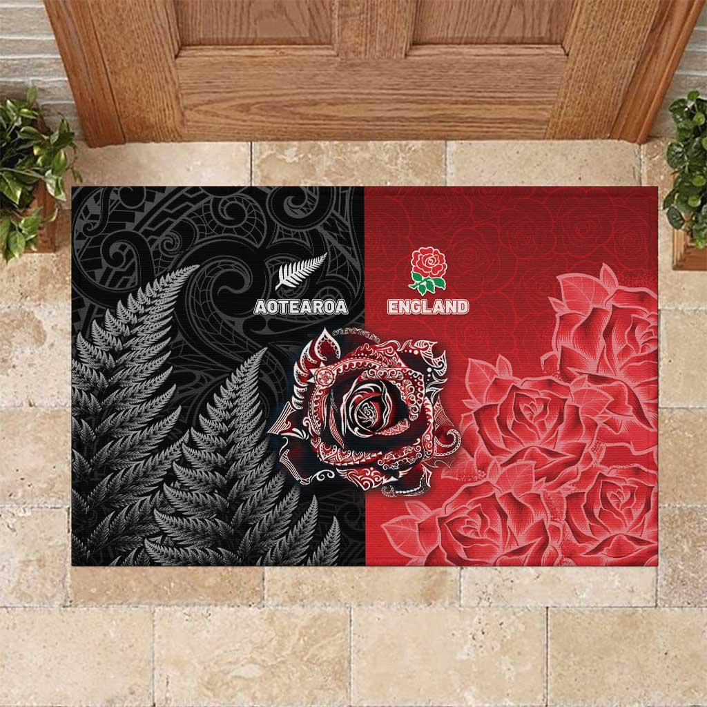 New Zealand And England Rugby Rubber Doormat Red Rose Mix Maori Pattern LT05 Black - Polynesian Pride