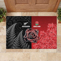 New Zealand And England Rugby Rubber Doormat Red Rose Mix Maori Pattern - Polynesian Pride