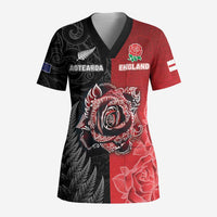 New Zealand And England Rugby Custom Scrub Top Red Rose Mix Maori Pattern - Polynesian Pride