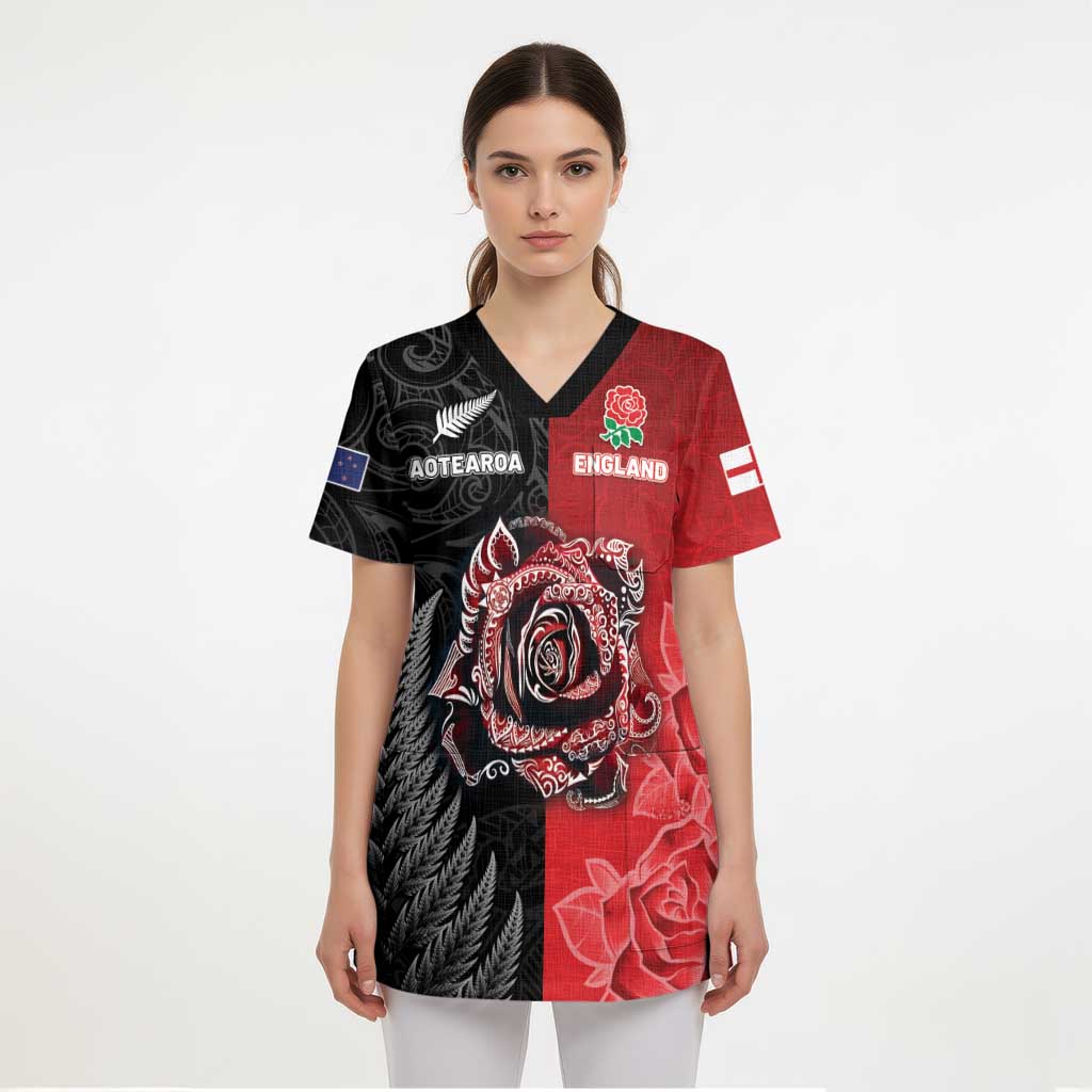 New Zealand And England Rugby Custom Scrub Top Red Rose Mix Maori Pattern - Polynesian Pride