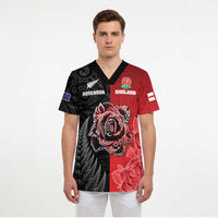 New Zealand And England Rugby Custom Scrub Top Red Rose Mix Maori Pattern - Polynesian Pride