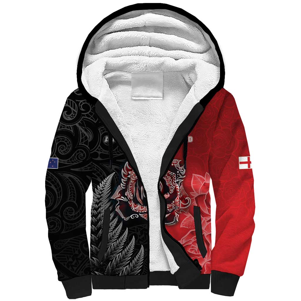 New Zealand And England Rugby Custom Sherpa Hoodie Red Rose Mix Maori Pattern LT05 Unisex Black - Polynesian Pride