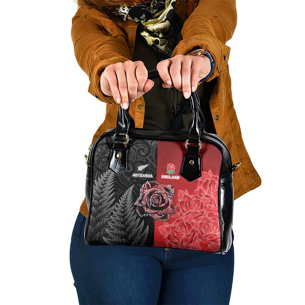 New Zealand And England Rugby Shoulder Handbag Red Rose Mix Maori Pattern LT05 One Size Black - Polynesian Pride