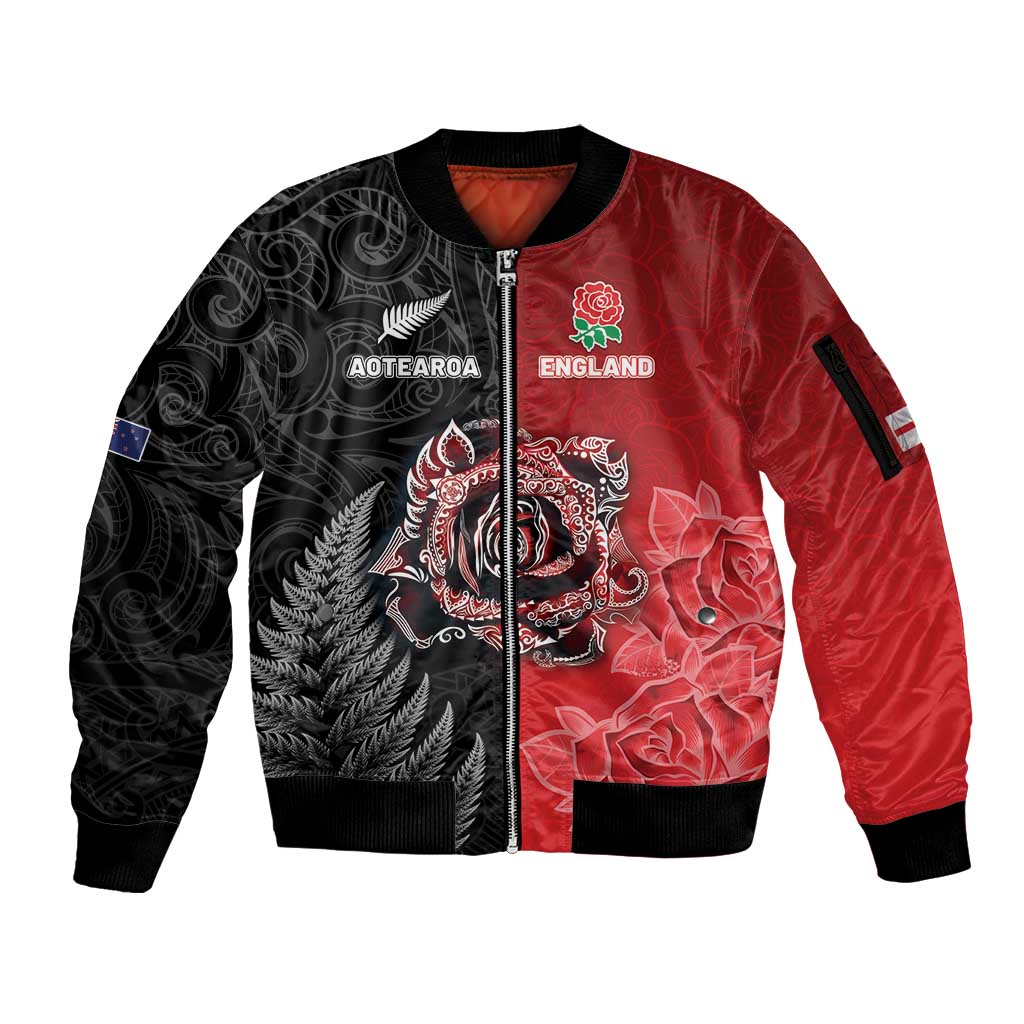 New Zealand And England Rugby Custom Sleeve Zip Bomber Jacket Red Rose Mix Maori Pattern LT05 Unisex Black - Polynesian Pride