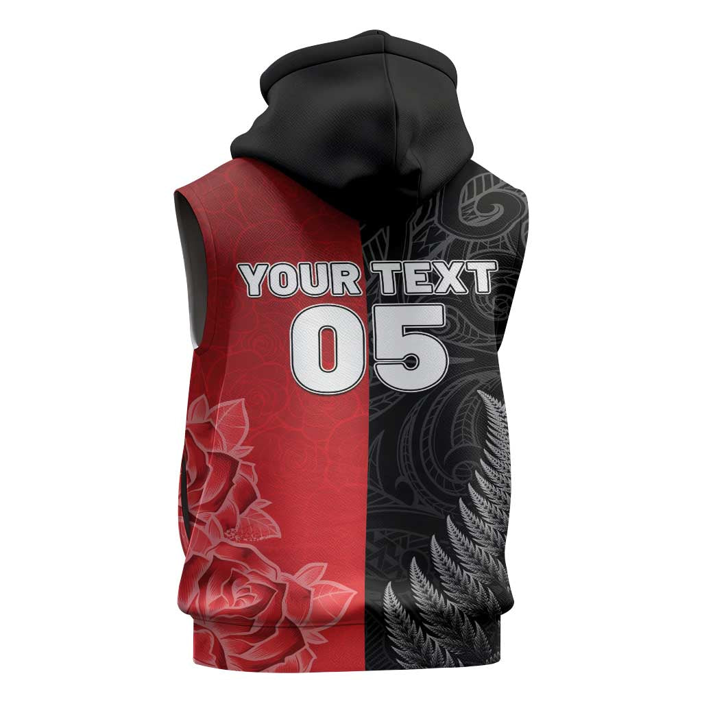 New Zealand And England Rugby Custom Sleeveless Hoodie Red Rose Mix Maori Pattern - Polynesian Pride