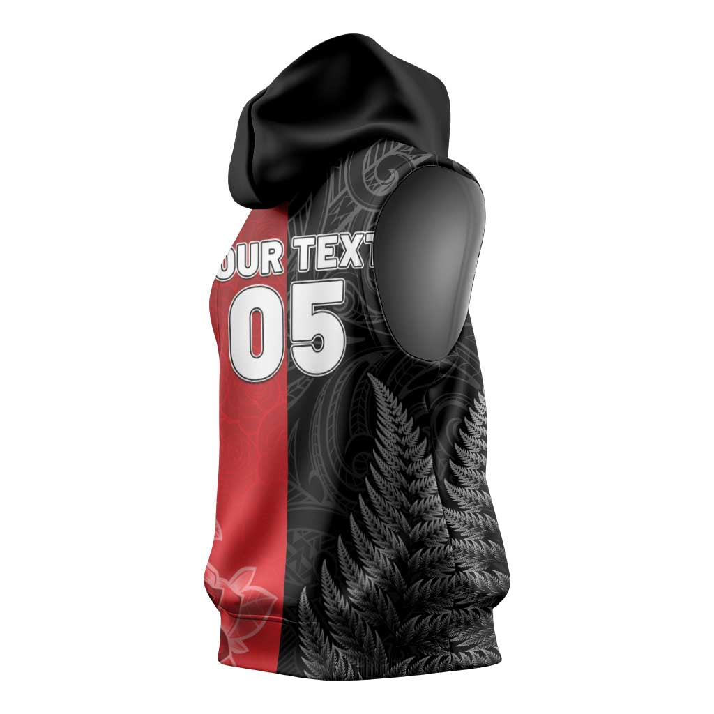 New Zealand And England Rugby Custom Sleeveless Hoodie Red Rose Mix Maori Pattern - Polynesian Pride