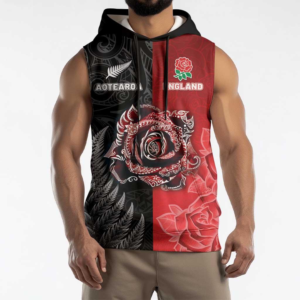 New Zealand And England Rugby Custom Sleeveless Hoodie Red Rose Mix Maori Pattern - Polynesian Pride