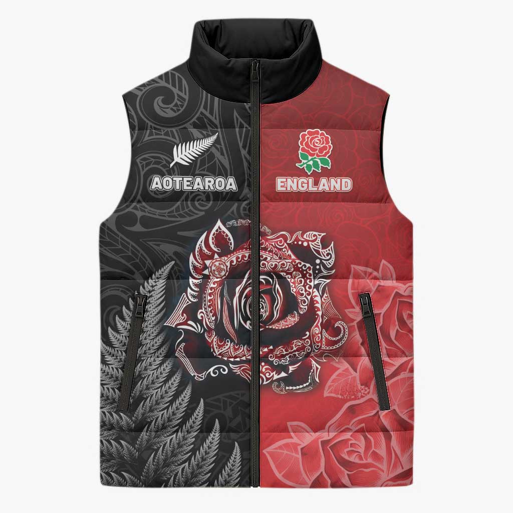 New Zealand And England Rugby Custom Sleeveless Puffer Jacket Red Rose Mix Maori Pattern LT05 Unisex Black - Polynesian Pride