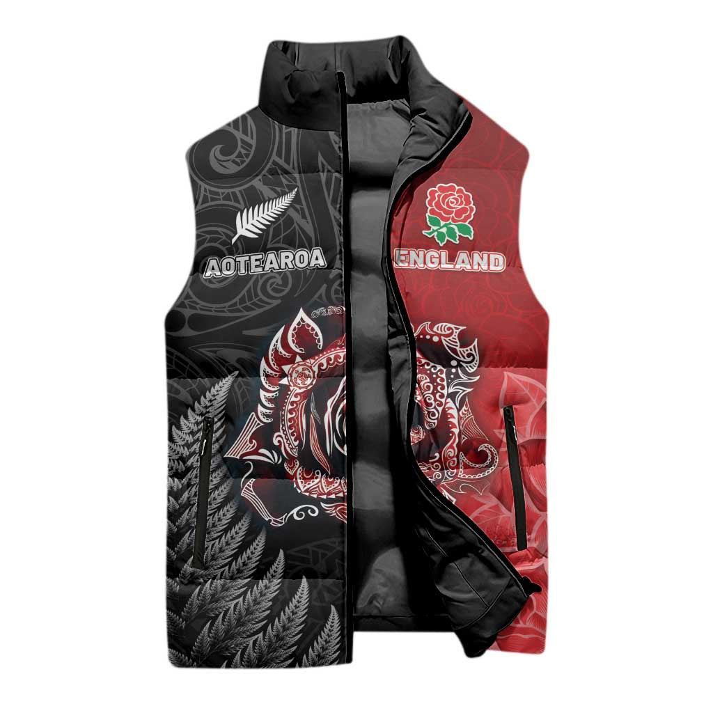 New Zealand And England Rugby Custom Sleeveless Puffer Jacket Red Rose Mix Maori Pattern - Polynesian Pride