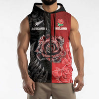 New Zealand And England Rugby Custom Sleeveless Zip Hoodie Red Rose Mix Maori Pattern - Polynesian Pride