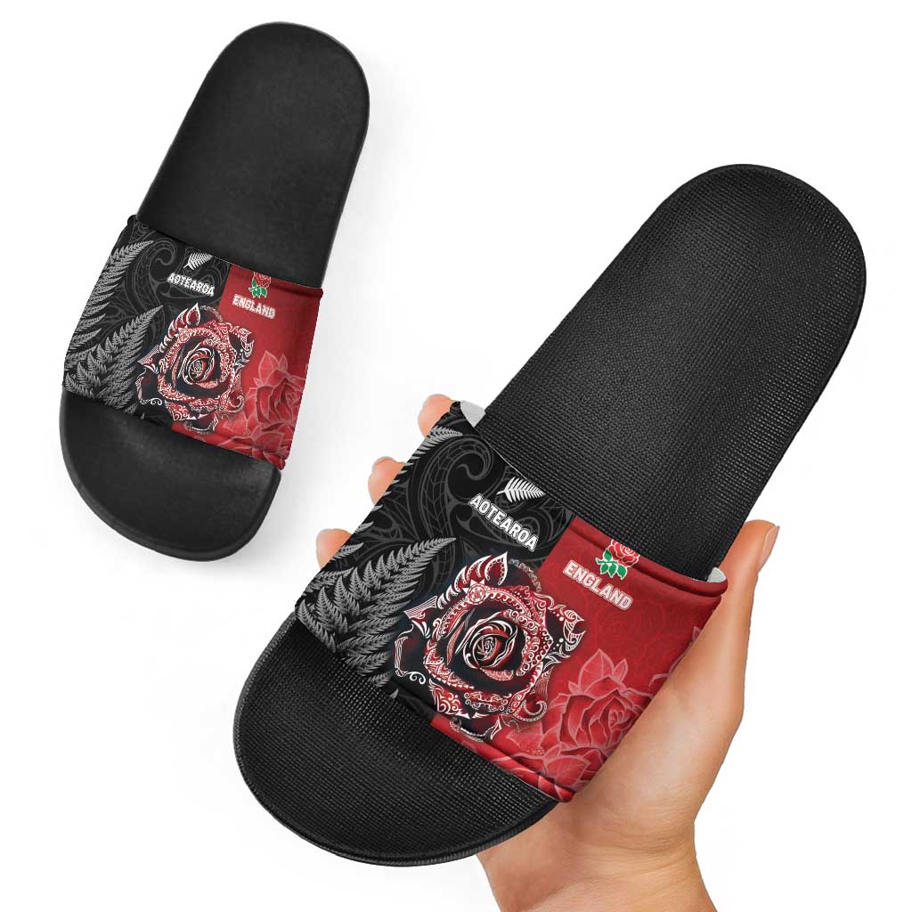 New Zealand And England Rugby Slide Sandals Red Rose Mix Maori Pattern - Polynesian Pride