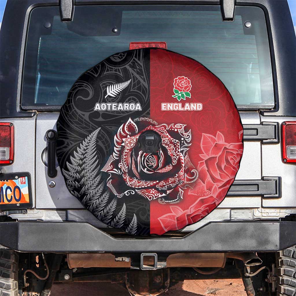 New Zealand And England Rugby Spare Tire Cover Red Rose Mix Maori Pattern LT05 Black - Polynesian Pride