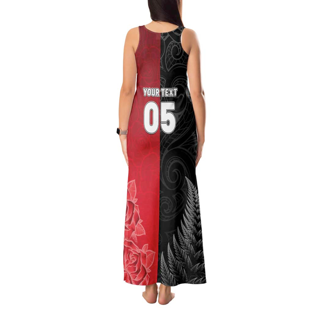 New Zealand And England Rugby Custom Tank Maxi Dress Red Rose Mix Maori Pattern - Polynesian Pride