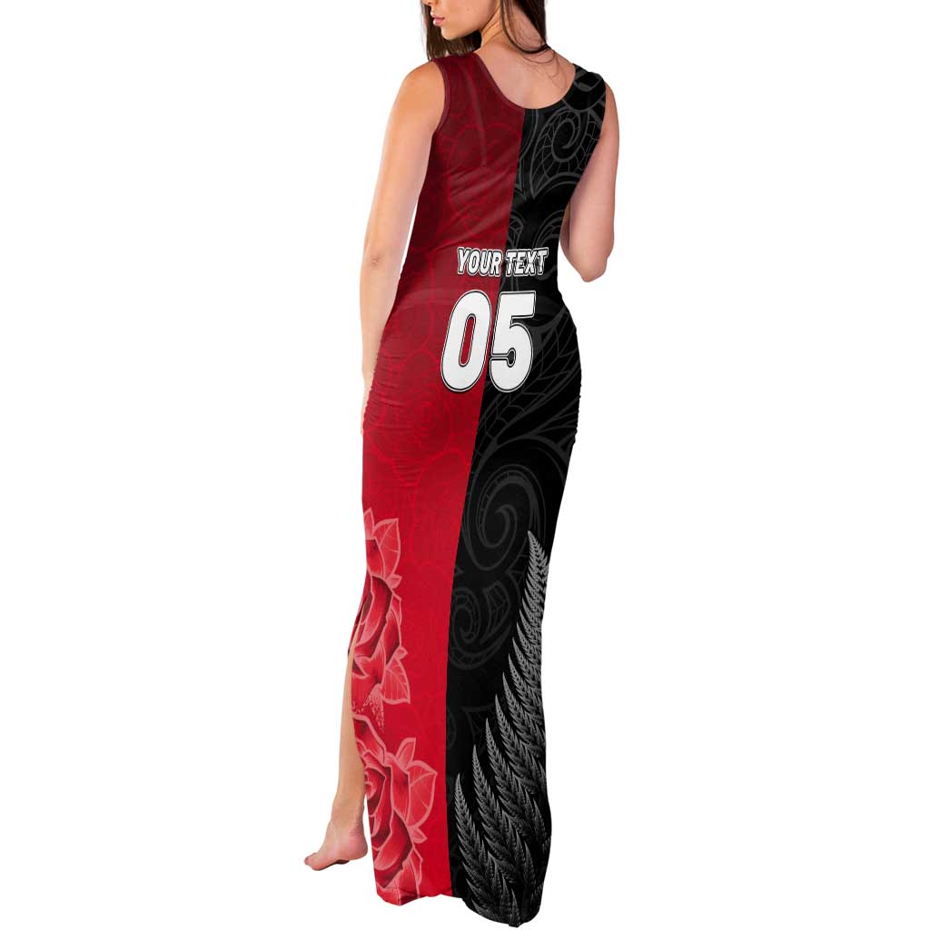 New Zealand And England Rugby Custom Tank Maxi Dress Red Rose Mix Maori Pattern - Polynesian Pride