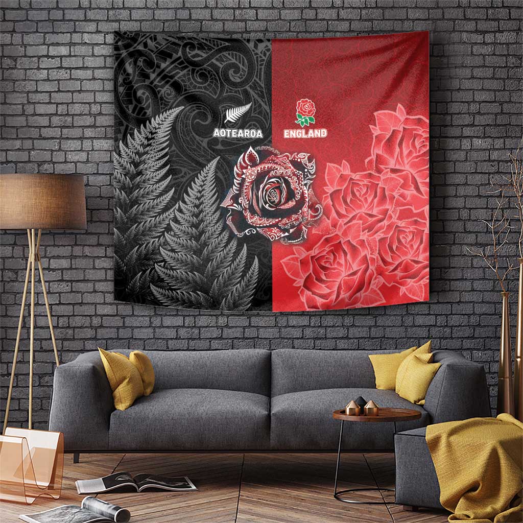 New Zealand And England Rugby Tapestry Red Rose Mix Maori Pattern LT05 Black - Polynesian Pride