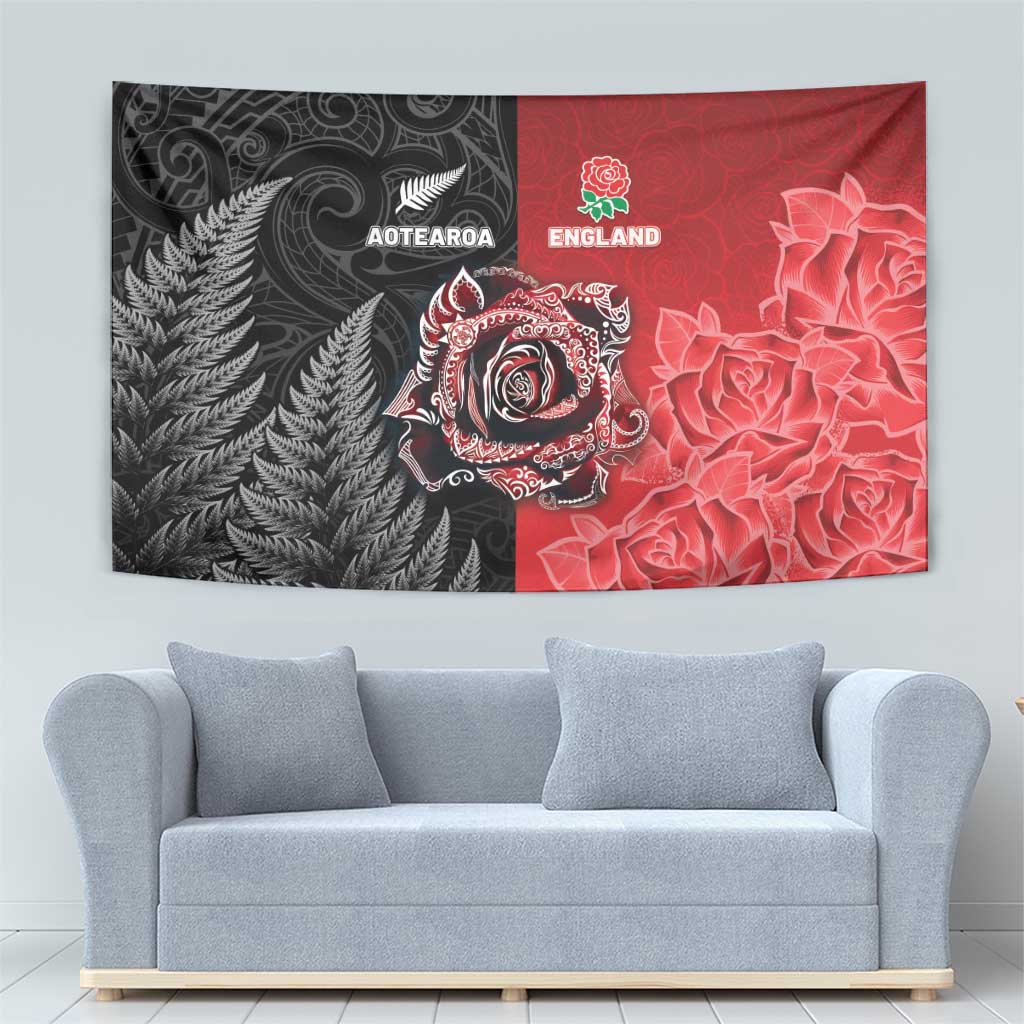 New Zealand And England Rugby Tapestry Red Rose Mix Maori Pattern - Polynesian Pride