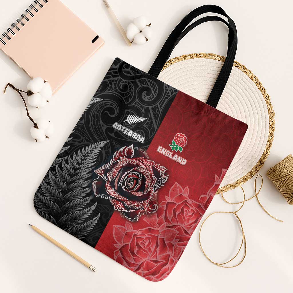 New Zealand And England Rugby Tote Bag Red Rose Mix Maori Pattern LT05 Black Strap One Size Black - Polynesian Pride